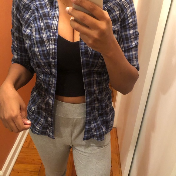 Blue flannel plaid button down top - Picture 3 of 5